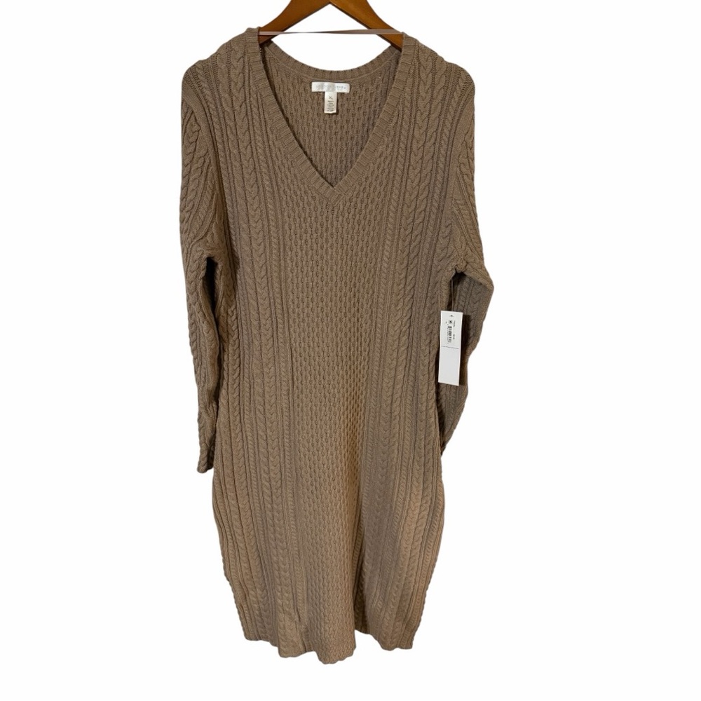 NWT London Times XL Taupe Cable-Knit Fisherman Stitch V-Neck Sweater Dress